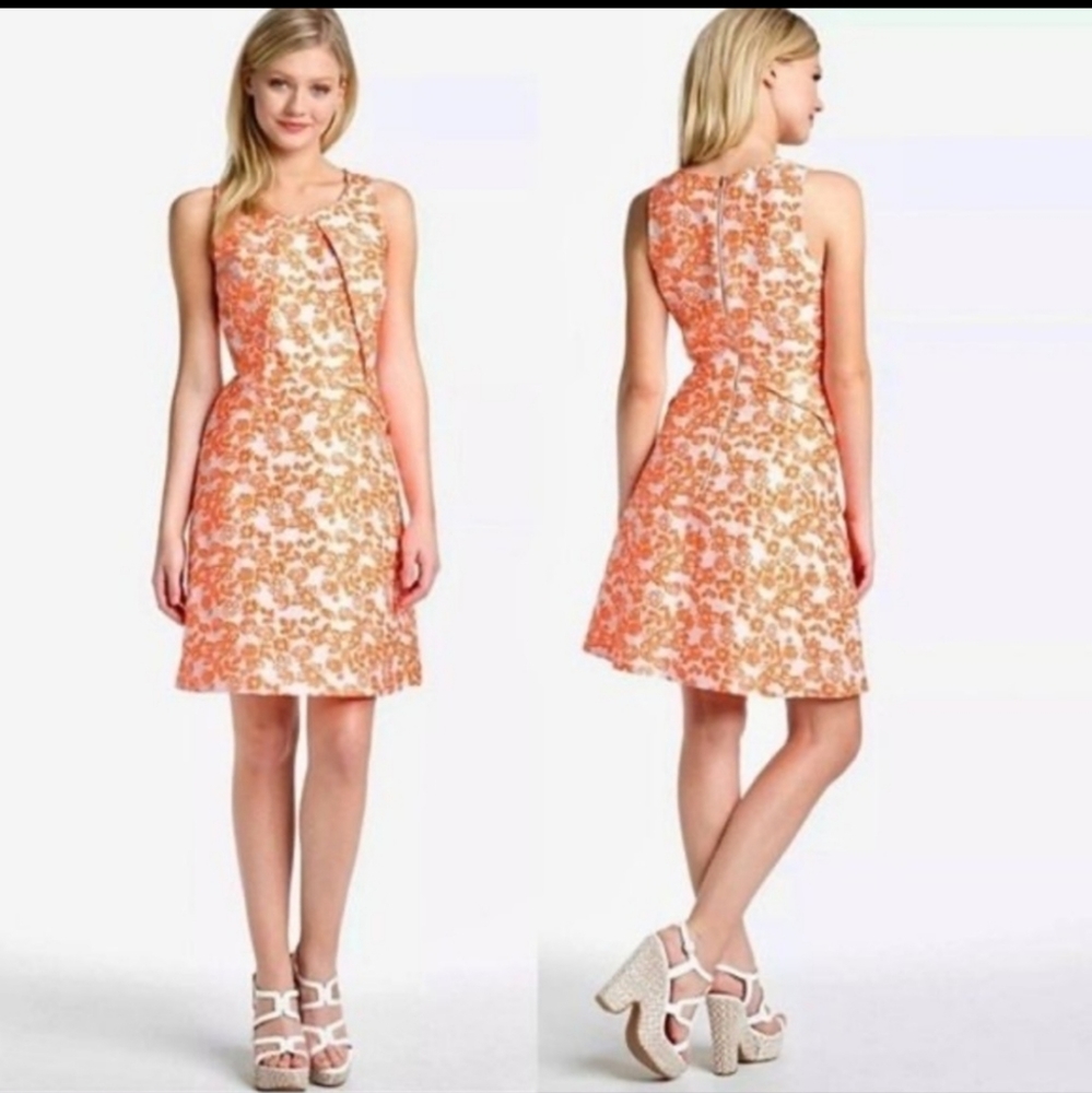 Floral Orange Brocade Sleeveless Dress - Picture 6 of 7